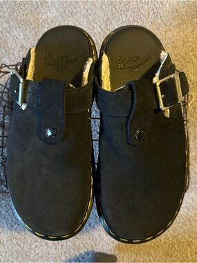 Dr. Martens Kids Black Suede Shearling-Lined Slip-On Clogs with Yellow Stitching